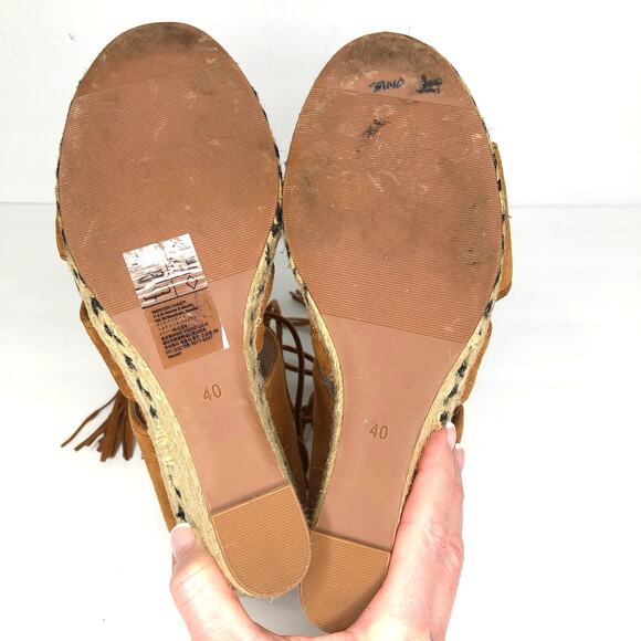 H&M Cognac Brown Suede Espadrille Wedge Lace Up Sandals 8.5 - Picture 8 of 10